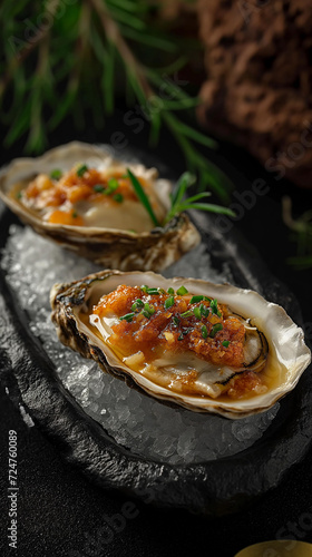 Quality fresh oysters with garlic sauce. Michelin-starred restaurant. Tilt Blur, Professional Illustration, Restaurant Background,