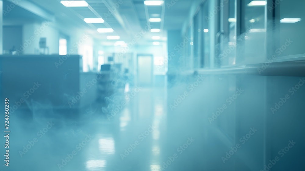 Hospital hallway with blue lighting and white walls