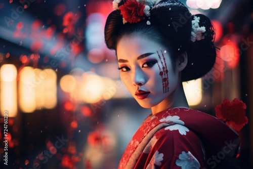A woman elegantly poses for a picture wearing a traditional kimono. Ideal for fashion, cultural, or Japanese-themed projects