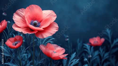  a group of red flowers sitting next to each other on a field of green grass with blue sky in the background and a dark blue sky in the middle of the background.