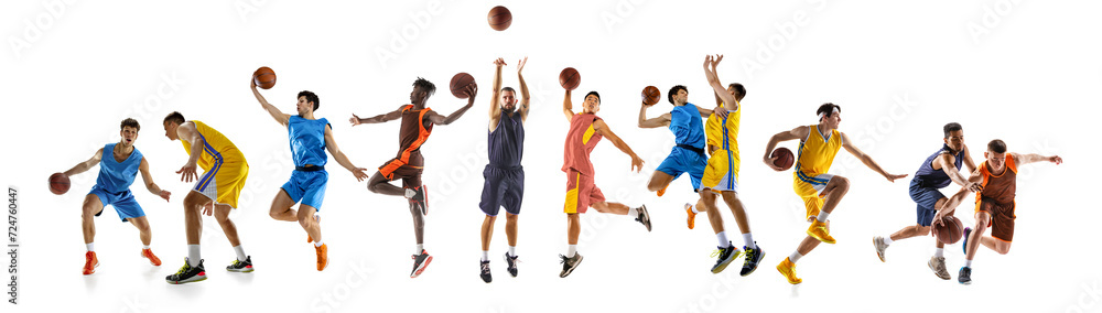 Banner. Collage. Team sport. Young athletic men, different races play basketball in motion against white studio background. Concept of sport, action, motion, movement, energy, active lifestyle. Ad