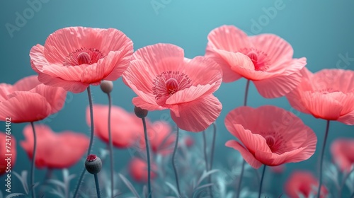  a bunch of pink flowers that are on a blue and green background with a blue sky in the background and a few pink flowers in the middle of the picture.