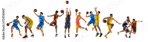 Banner. Collage. Team sport. Young athletic men, different races play basketball in motion against white studio background. Concept of sport, action, motion, movement, energy, active lifestyle. Ad © Lustre