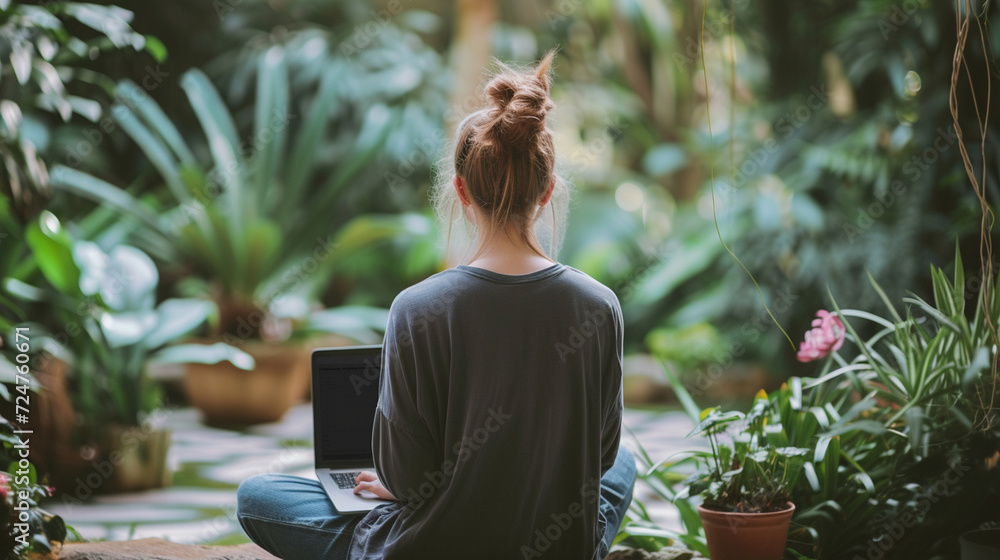A student in a tranquil garden setting attending an online mindfulness and wellness course, distance learning, dynamic and dramatic compositions, with copy space A student in a tranquil garden setting attending an online mindfulness and wellness course, distance learning, dynamic and dramatic compositions, with copy space