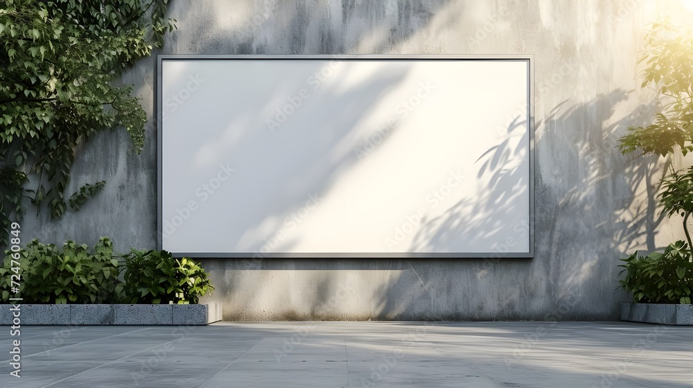 Fototapeta premium Perspective view on blank black signage with place for your logo or advertising on sunlit concrete wall outdoor. 3D rendering, mockup