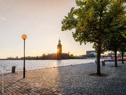 Famous Stockholm City Hall in the evening. Scenic view of the City Hall in the Old Town (Gamla Stan) in Stockholm, Sweden