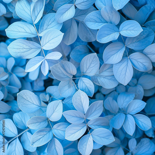 Blue plant leaves in the nature in fall season, blue background, ai technology