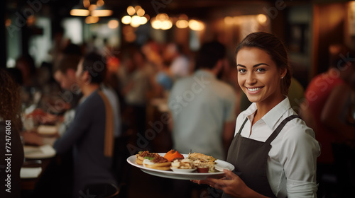 server in restaurant carrying dish of appetisers in a crowded bar / restaurant / café