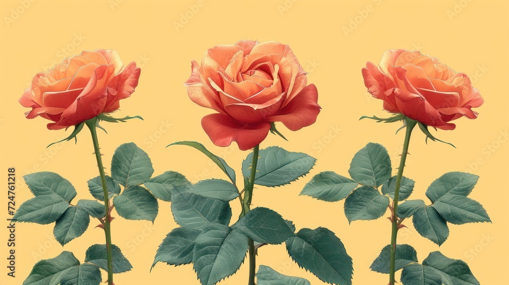  a group of three orange roses with green leaves on a yellow background with a yellow background and a yellow background with a red rose in the middle of the middle.