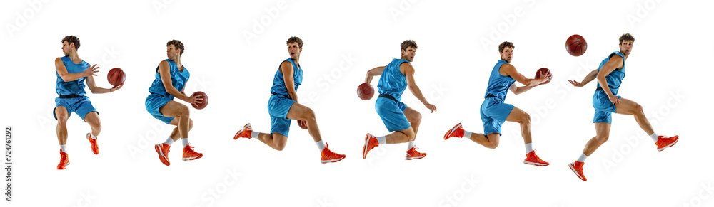 Collage. Competitive athletic man, basketball player demonstrated his skills in motion against white background. Concept of sport, action, movement, energy, active lifestyle. Ad