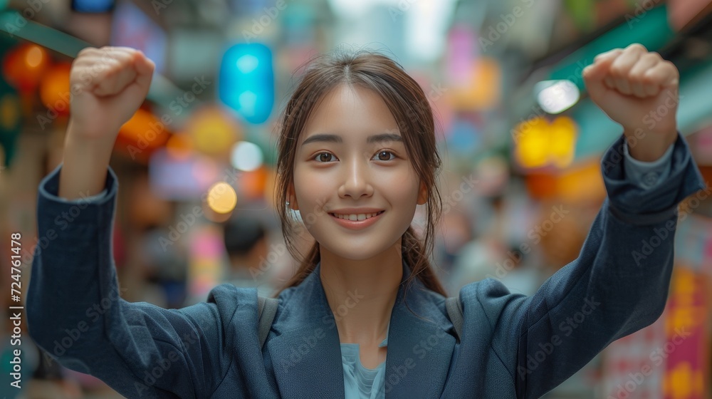 Asian young woman celebrating career financial success with hand raised, feeling power, motivation, and energy while standing on street wearing suit outside big city.
