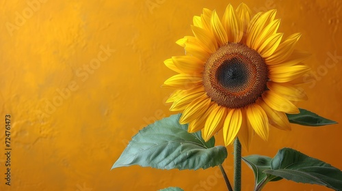  a large yellow sunflower in front of a yellow wall with a green leafy plant in the foreground and a green leafy plant in the foreground.