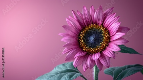  a close up of a pink sunflower with green leaves on a pink background with a blurry image of the center of the flower in the center of the picture.