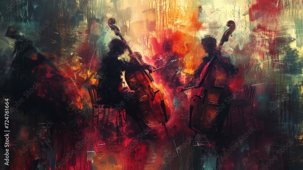 Create an emotionally charged concert scene, where the musicians and their instruments blend together in an abstract way. Expressionism - obrazy, fototapety, plakaty 