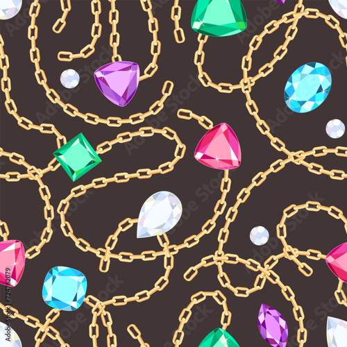 Gold chains and multi-colored gems on dark background. Seamless pattern with jewels. Vector cartoon illustration.