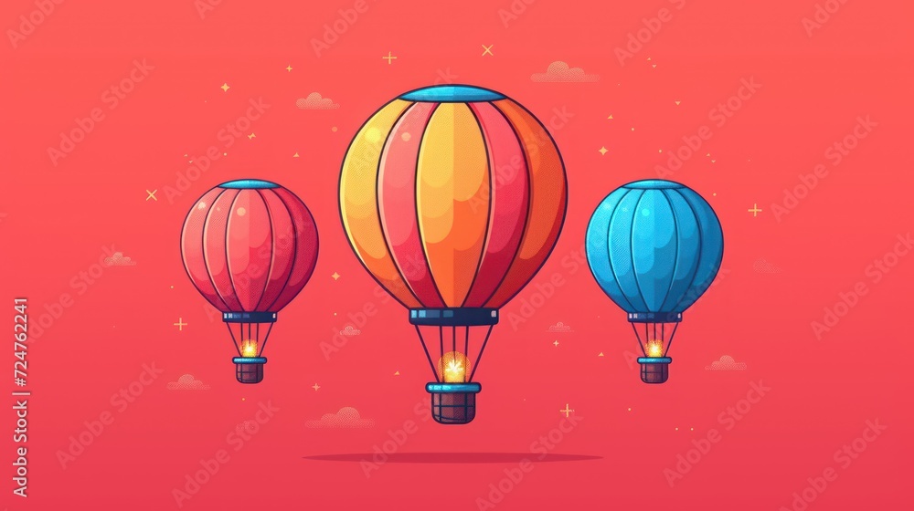  three hot air balloons floating in the sky with stars and clouds on a pink background with a red background and a blue one with a yellow one with a blue.