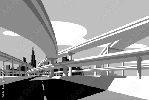 Black and white drawing of highway overpass and city skyline. Modern urban life and futuristic vector illustration. 