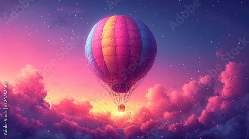  a hot air balloon flying in the sky with a pink and blue sky in the background and clouds in the foreground, and a pink and purple sky filled with stars.