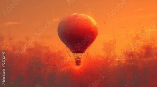  a red hot air balloon flying over a city in a yellow and orange sky with rain drops on the window and the sun shining down on the cityscapep.
