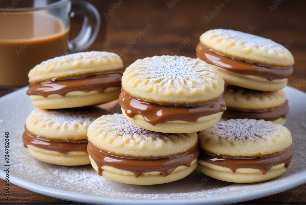 Alfajores Sandwich cookies made with two shortbread-like cookies filled with dulce de leche by ai generated