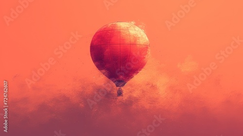  a red hot air balloon flying through the air with a pink sky in the back ground and a cloud of dust around the bottom of the balloon in the air.