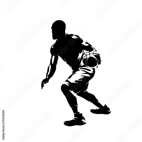 Basketball player running with ball, isolated vector silhouette. Team sport athlete