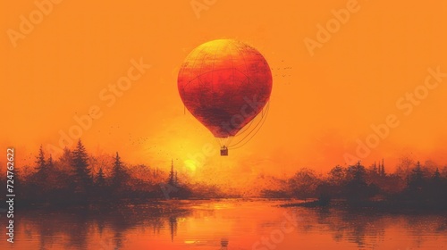  a painting of a hot air balloon in the sky over a body of water with trees in the foreground and an orange sky in the middle of the background.