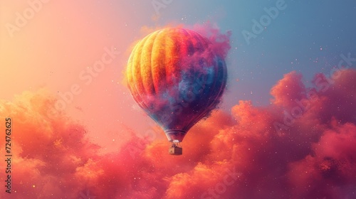  a colorful hot air balloon flying through a blue sky filled with pink, orange, and yellow clouds with a pink, blue, yellow, red, orange, and blue, and pink cloud filled sky background.