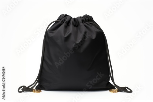 A simple black drawstring bag against a clean white background. Perfect for showcasing products or as a minimalist accessory.