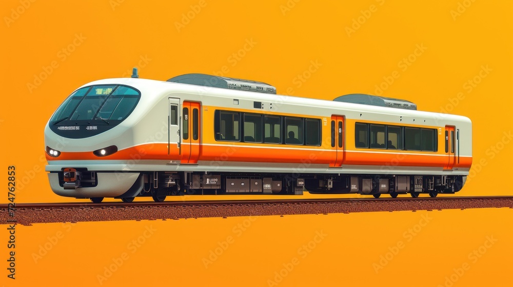 a white and orange train on a train track with an orange sky in the backgrounnd of the picture and an orange sky in the backgrouund.
