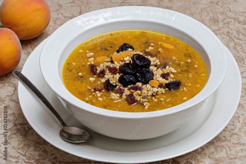 Anoush Abour (Sweet Soup) A dessert soup made with dried fruits like apricots, raisins, and prunes, cooked by ai generated Anoush Abour (Sweet Soup) A dessert soup made with dried fruits like apricots, raisins, and prunes, cooked by ai generated