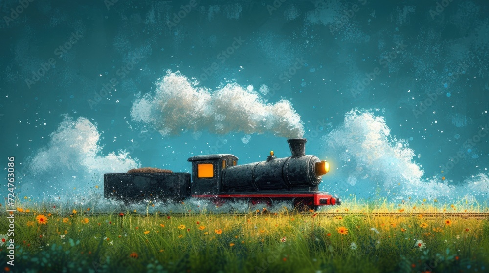  a painting of a train traveling through a field of grass and flowers with a blue sky in the background and puffy white clouds in the middle of the sky.