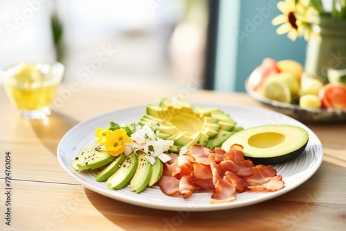 keto diet meal with eggs, bacon, and avocado on a plate