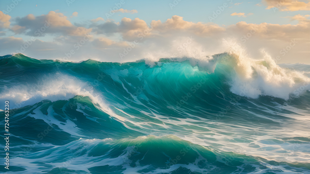 Big wave breaking on the beach in the evening. Seascape.