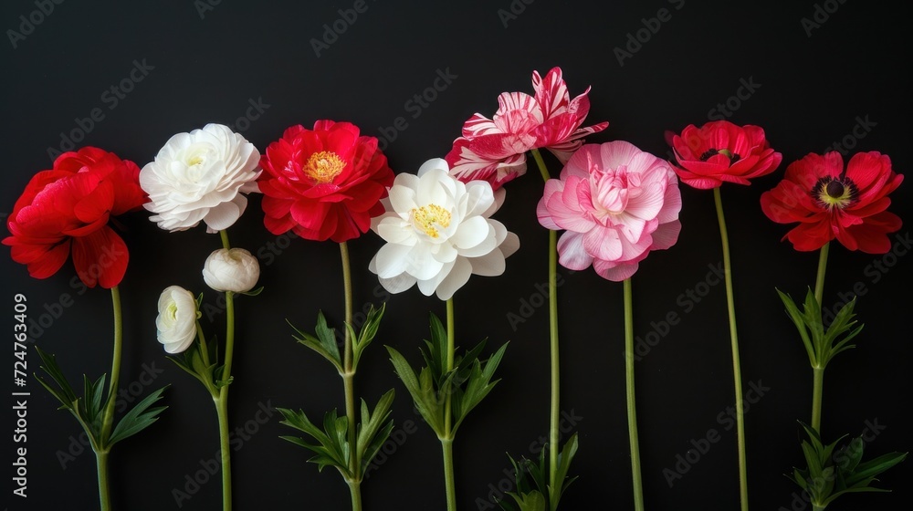 a row of pink, white, and red flowers on a black background, with green stems and stems in the middle of the row of the row of the flowers. a row of pink, white, and red flowers on a black background, with green stems and stems in the middle of the row of the row of the flowers.
