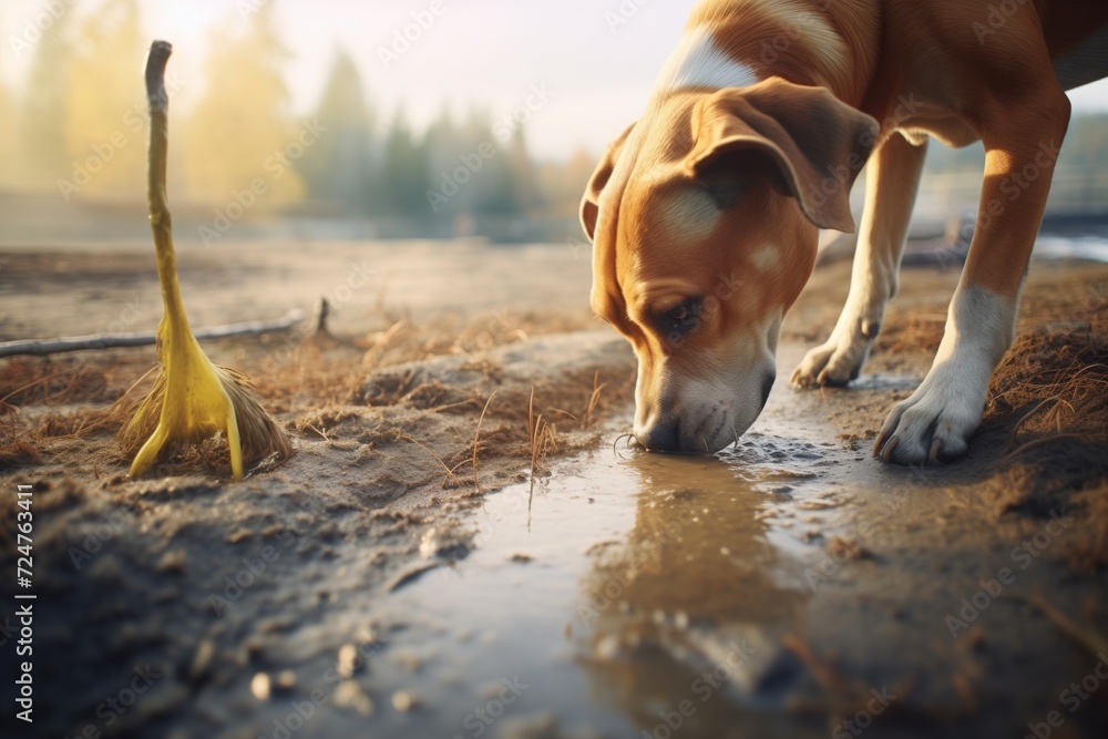 dog digging in the wet sand beside a babbling brook - obrazy, fototapety, plakaty 