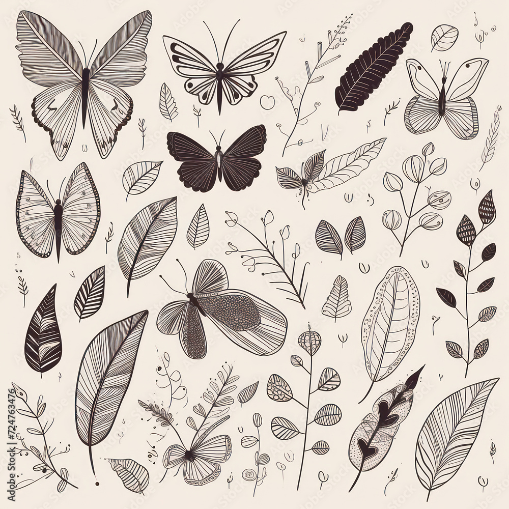 Nature's Delicate Flight: A Vintage Butterfly Illustration Set with Decorative Black and White Doodles, Sketches, and Patterns