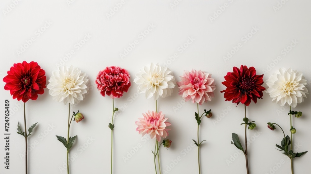 a row of red, white, and pink flowers on top of each other on a white surface with one flower in the middle of the row and one flower in the middle of the row. a row of red, white, and pink flowers on top of each other on a white surface with one flower in the middle of the row and one flower in the middle of the row.