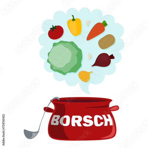 Vegetable ingredients for borscht in a boiling saucepan. Vector illustration on the topic of cooking national cuisine
