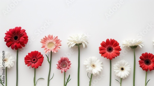  a row of red, white, and pink daisies on a white background with a green stem in the middle of the row of the row of the daisies.