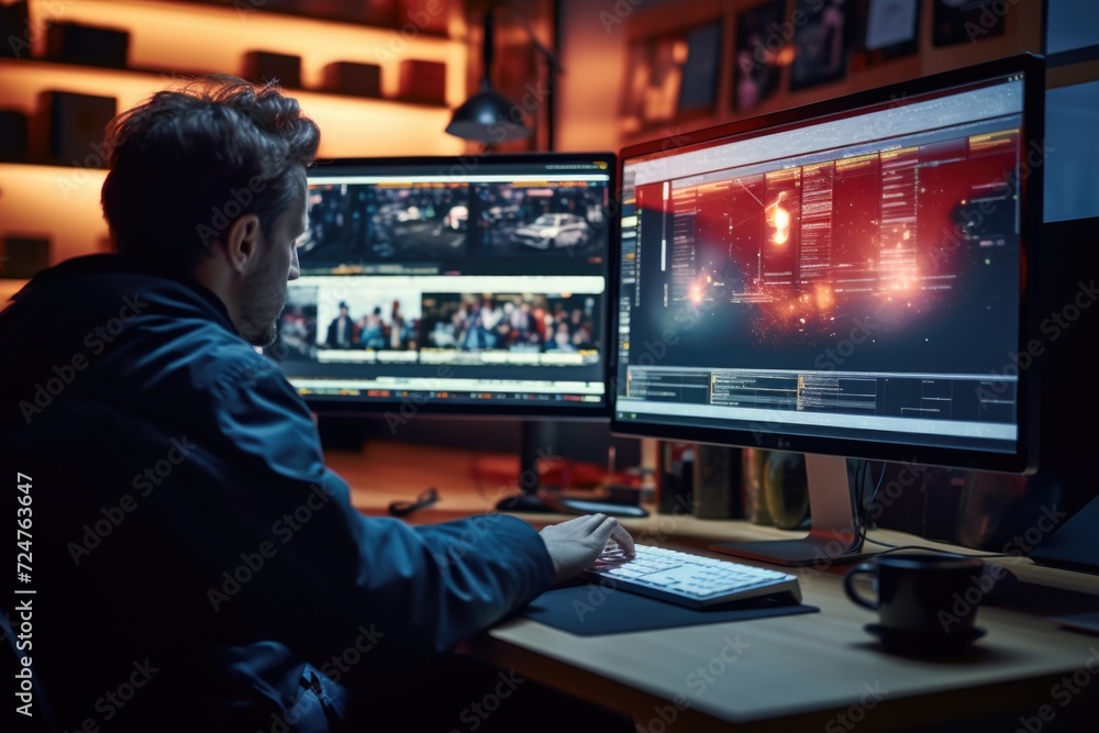 A man sitting at a desk in front of two computer monitors. Suitable for technology-related projects and work-related themes