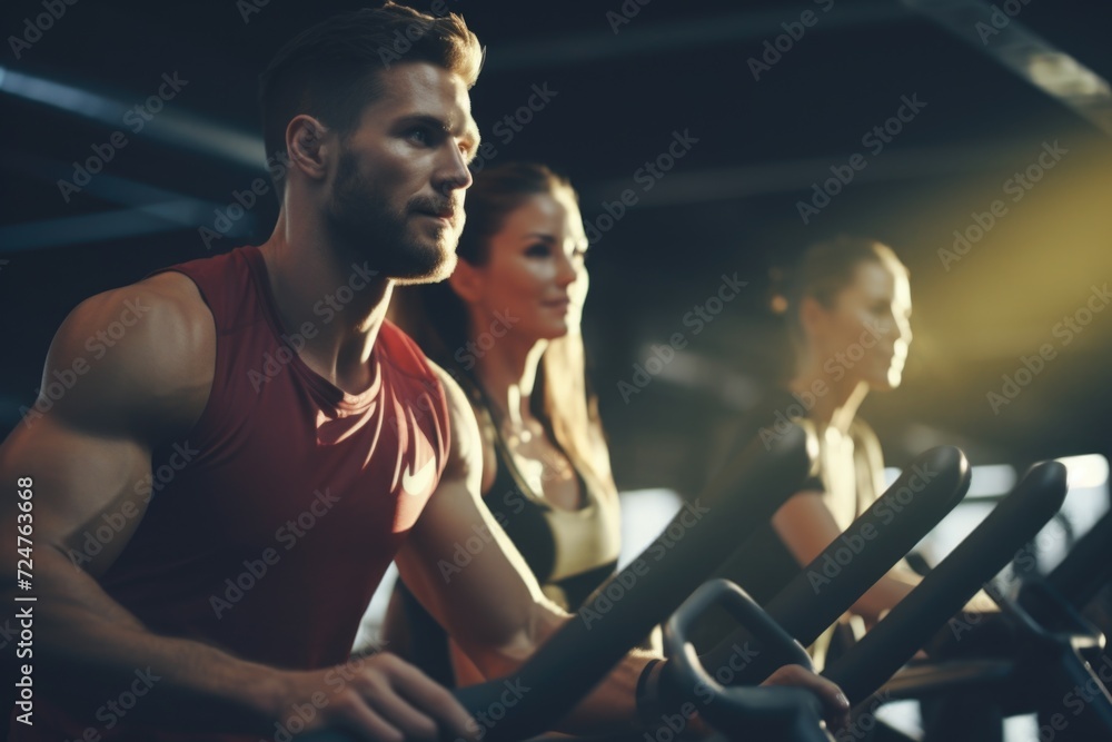 A couple exercising on stationary bikes in a gym. Perfect for fitness and health-related content A couple exercising on stationary bikes in a gym. Perfect for fitness and health-related content