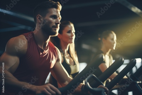 A couple exercising on stationary bikes in a gym. Perfect for fitness and health-related content