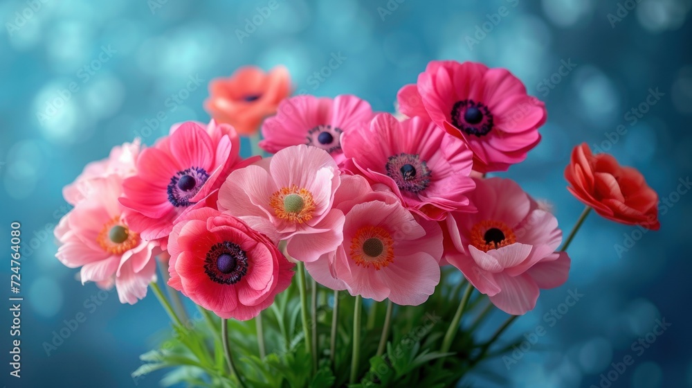 a vase filled with pink and red flowers on top of a blue table next to a blue and white wall and a blue wall behind the vase is filled with pink and red flowers. a vase filled with pink and red flowers on top of a blue table next to a blue and white wall and a blue wall behind the vase is filled with pink and red flowers.