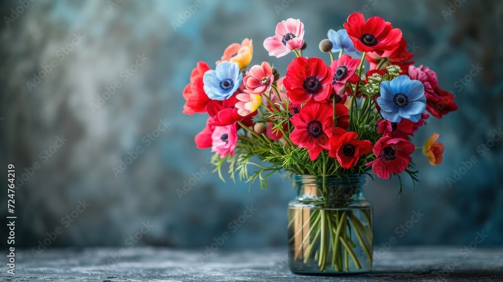 a vase filled with red, blue and yellow flowers on a table in front of a blue and gray wall and a blue wall behind the vase is filled with red and blue flowers. a vase filled with red, blue and yellow flowers on a table in front of a blue and gray wall and a blue wall behind the vase is filled with red and blue flowers.