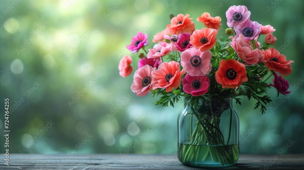 a vase filled with pink and red flowers on top of a wooden table in front of a blurry background of green leaves and a wooden table with a vase of flowers in the foreground. a vase filled with pink and red flowers on top of a wooden table in front of a blurry background of green leaves and a wooden table with a vase of flowers in the foreground.