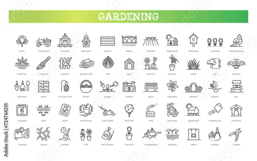 Set of outline gardening and landscaping icons