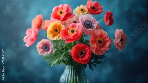  a vase filled with lots of colorful flowers on top of a blue table next to a blue wall and a blue wall behind the vase is filled with red, yellow, orange, pink, red, and white, and. © Shanti
