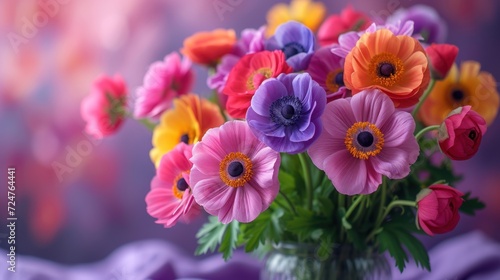  a vase filled with colorful flowers on top of a bed of purple and yellow flowers on top of a bed of purple and yellow flowers on top of a purple cloth.