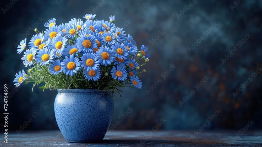 a blue vase filled with lots of blue and yellow flowers on top of a wooden table in front of a dark blue and black background with a few yellow and white daisies. a blue vase filled with lots of blue and yellow flowers on top of a wooden table in front of a dark blue and black background with a few yellow and white daisies.